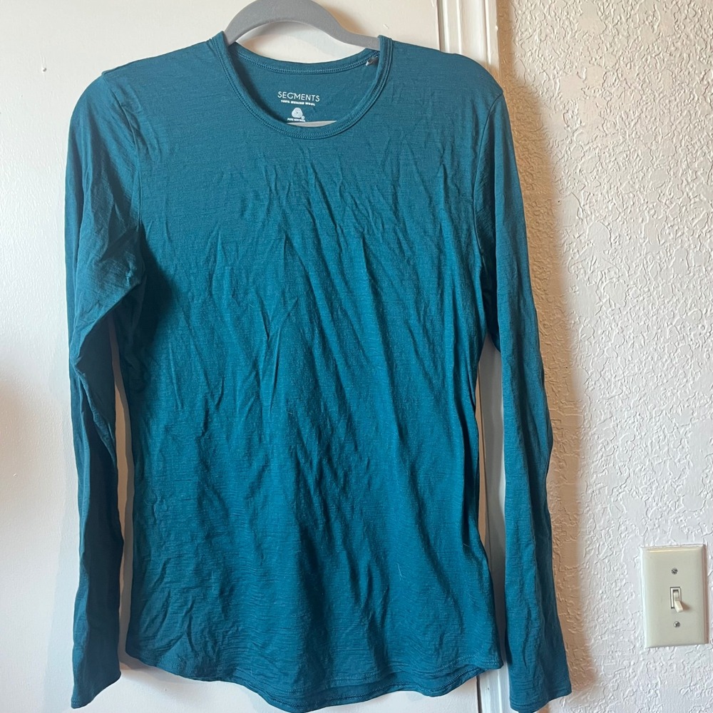 Segments Womens 100% Merino Wool Long Sleeve Crew Neck Top Teal Blue Size Medium